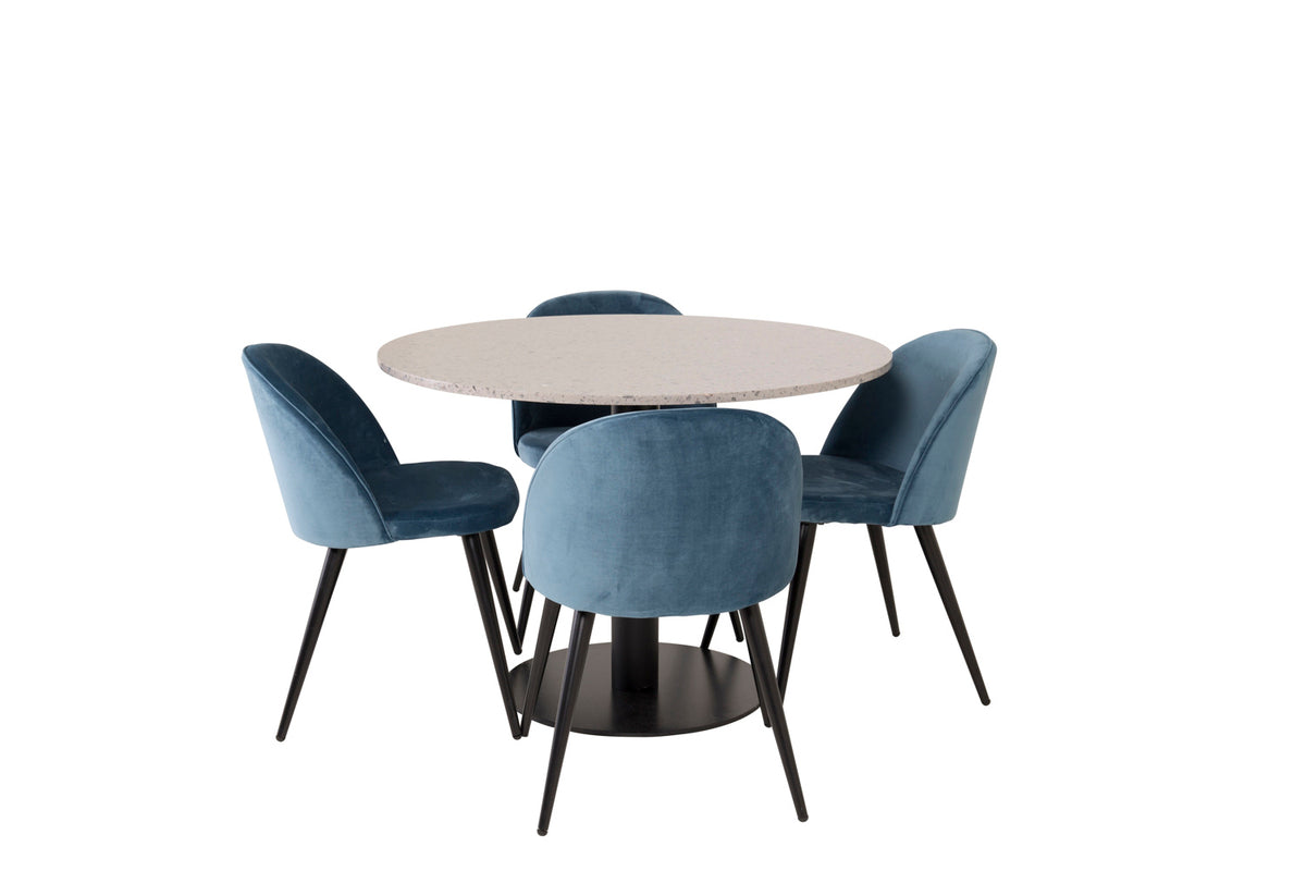 Razzia Spisebord 106cm - grå Terazzo+4stkVelvet blå stole