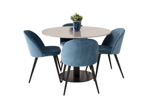 Razzia Spisebord 106cm - grå Terazzo+4stkVelvet blå stole
