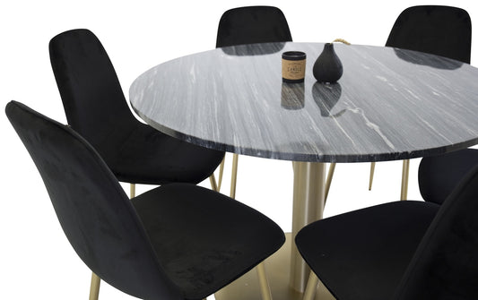 Spisebord Estelle Ø106cm Grå Marmor/ Brass + 4stk Polar stole