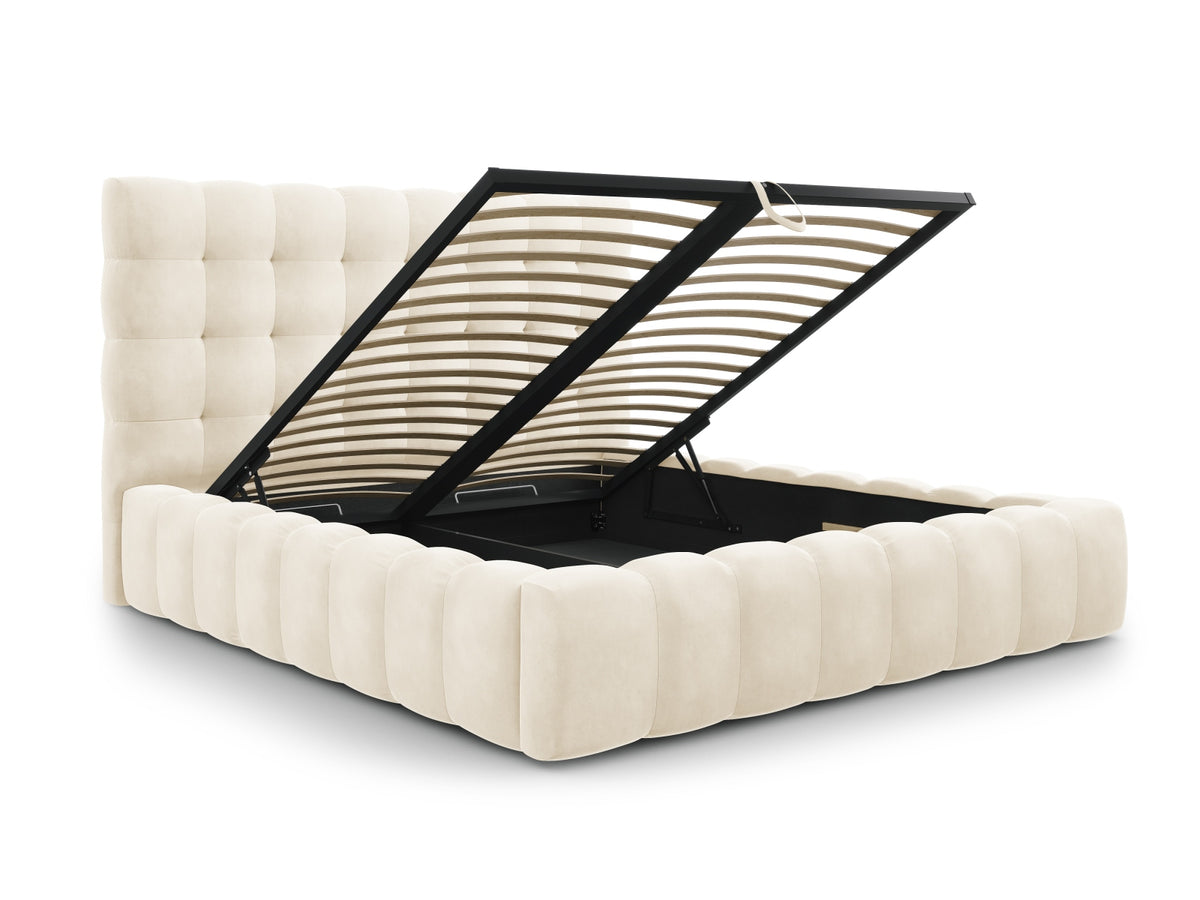 Cosmopolitan Design - Velour Seng m. opbevaring og sengegavl, Bali, 205x230x125 cm - Lys Beige (Bluvel 22) - Sort plast