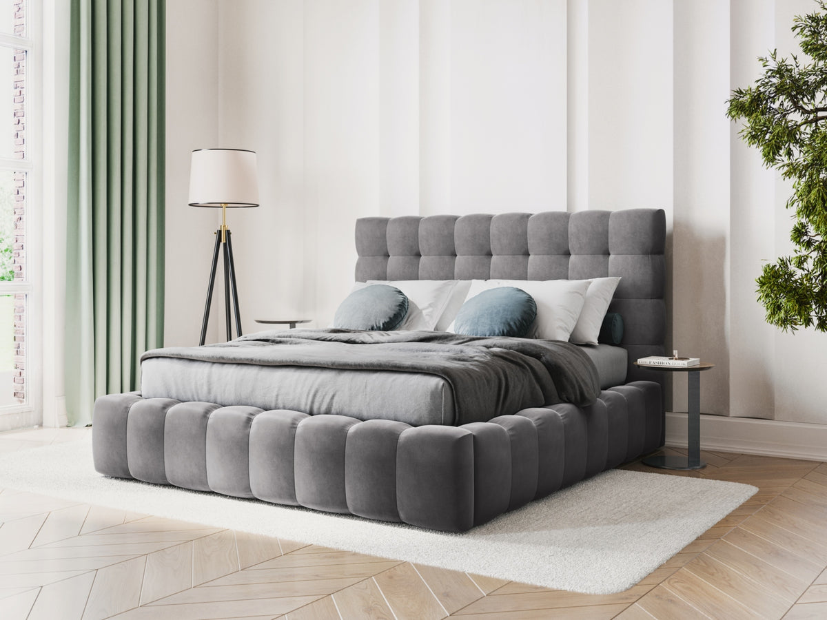 Cosmopolitan Design - Velour Seng m. opbevaring og sengegavl, Bali, 165x230x125 cm - Grå (Bluvel 14) - Sort plast