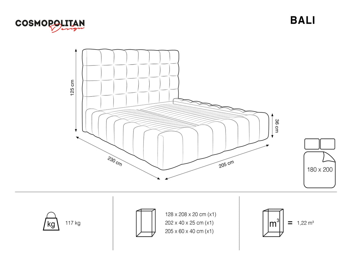 Cosmopolitan Design - Velour Seng m. opbevaring og sengegavl, Bali, 205x230x125 cm - Tekniske mål og dimensioner