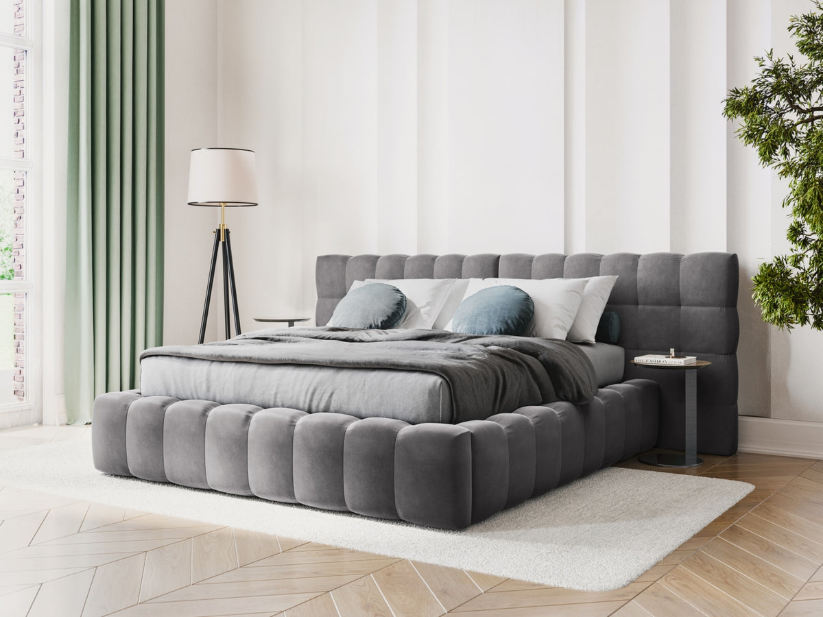 Cosmopolitan Design - Velour Seng m. opbevaring og bred sengegavl, Bali, 250x230x100 cm - Grå (Bluvel 14) - Sort plast