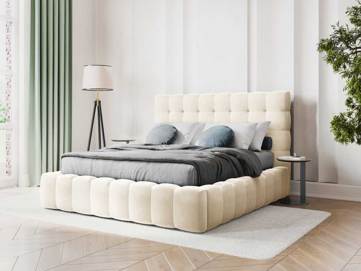 Cosmopolitan Design - Velour Seng m. opbevaring og sengegavl, Bali, 165x230x125 cm - Lys Beige (Bluvel 22) - Sort plast