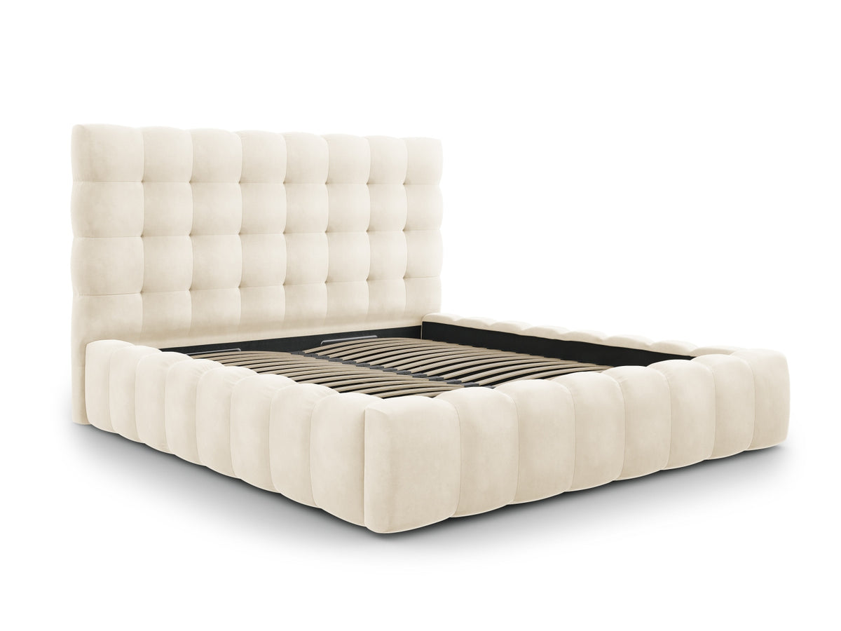 Cosmopolitan Design - Velour Seng m. opbevaring og sengegavl, Bali, 185x230x125 cm - Lys Beige (Bluvel 22) - Sort plast