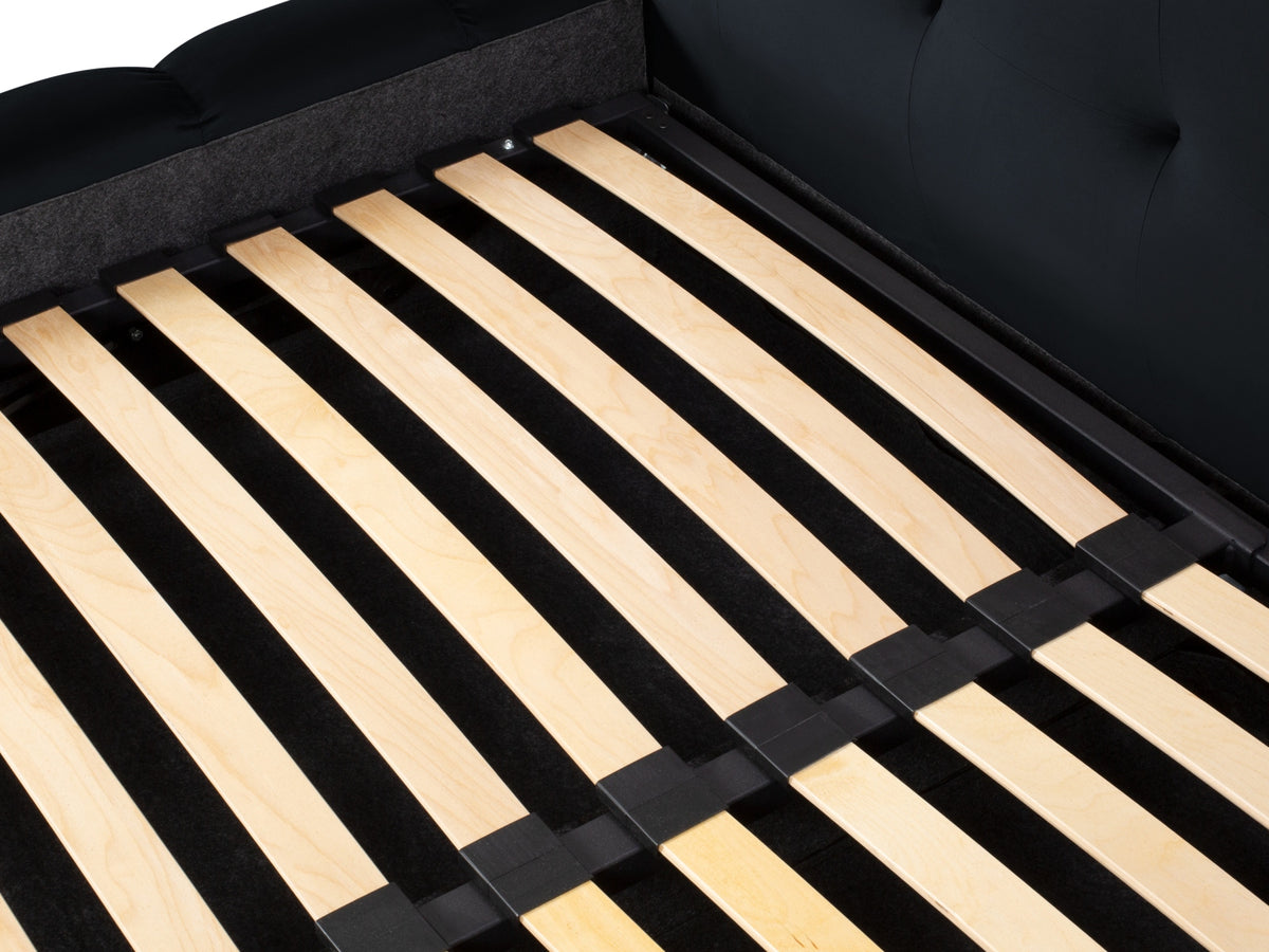 Cosmopolitan Design - Velour Seng m. opbevaring og bred sengegavl, Bali, 200x230x100 cm - Mørkeblå (Bluvel 89) - Sort plast