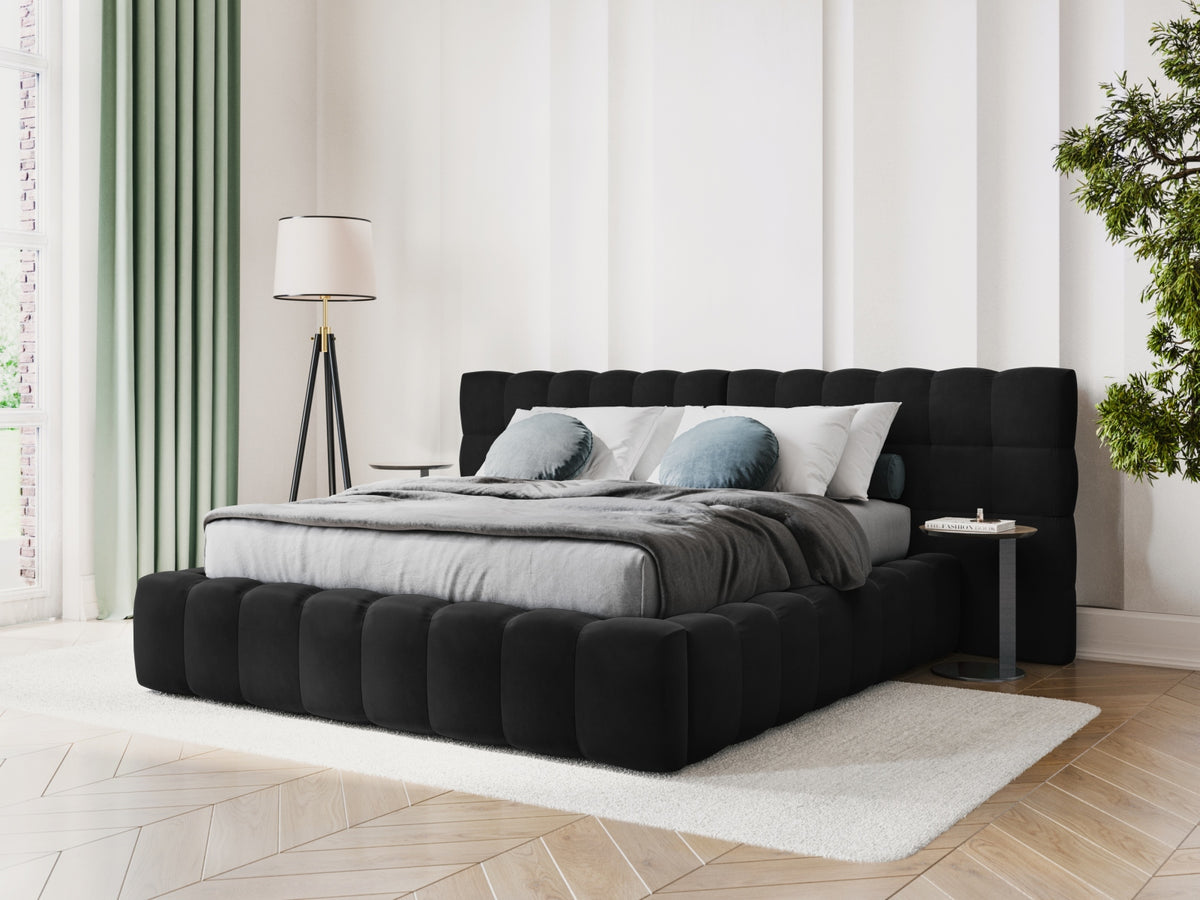 Cosmopolitan Design - Velour Seng m. opbevaring og bred sengegavl, Bali, 200x230x100 cm - Sort (Bluvel 19) - Sort plast