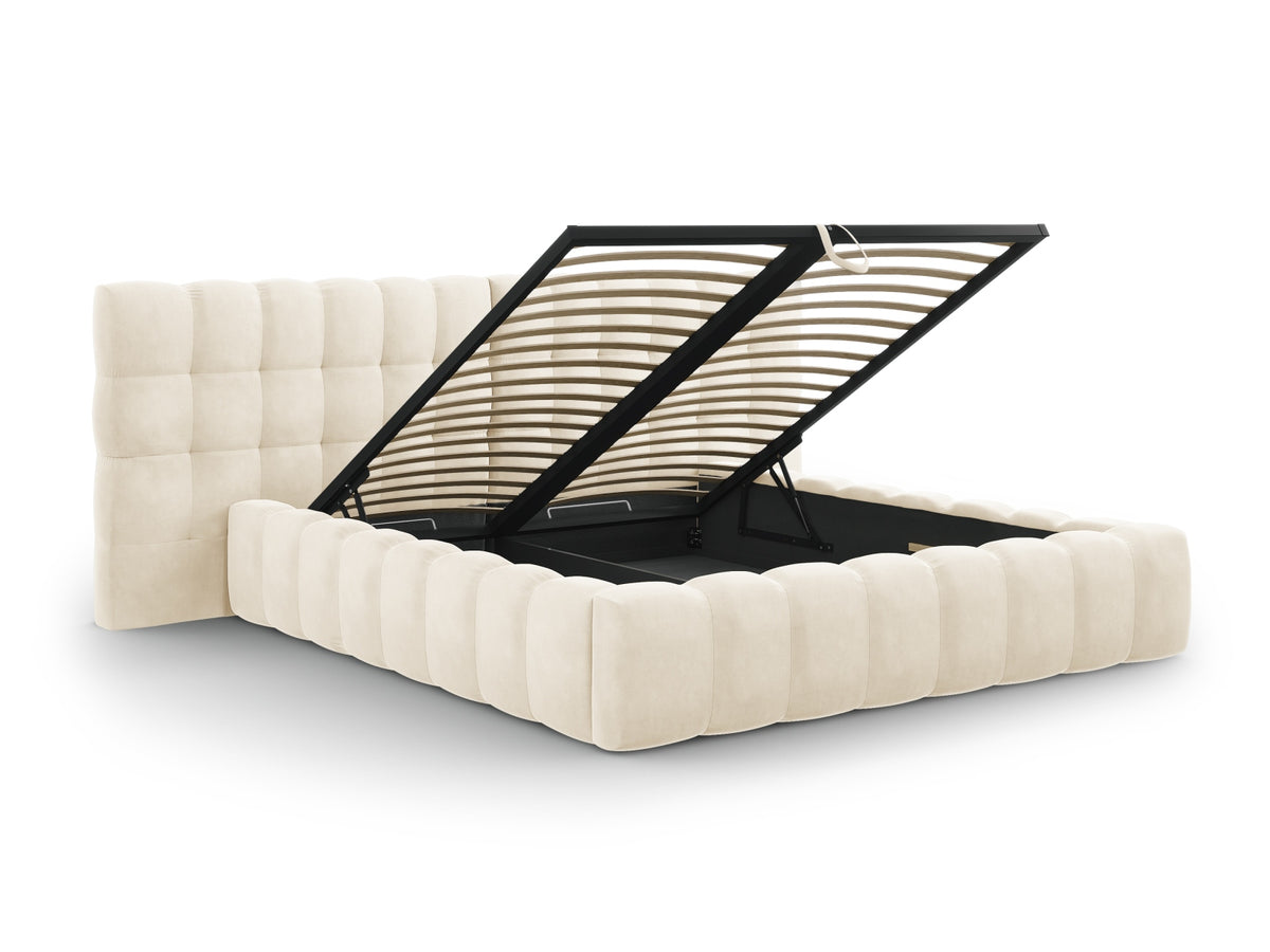 Cosmopolitan Design - Velour Seng m. opbevaring og bred sengegavl, Bali, 200x230x100 cm - Lys Beige (Bluvel 22) - Sort plast
