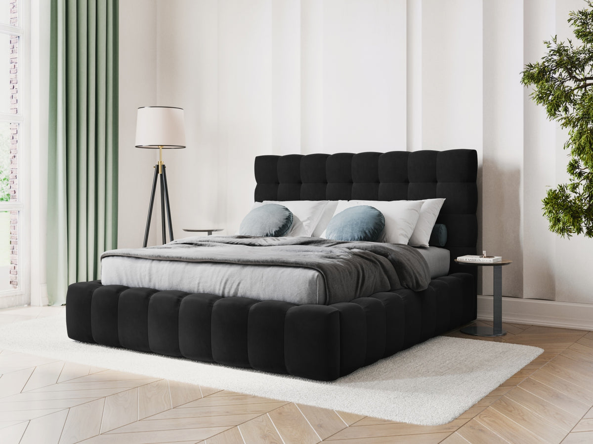 Cosmopolitan Design - Velour Seng m. opbevaring og sengegavl, Bali, 185x230x125 cm - Sort (Bluvel 19) - Sort plast