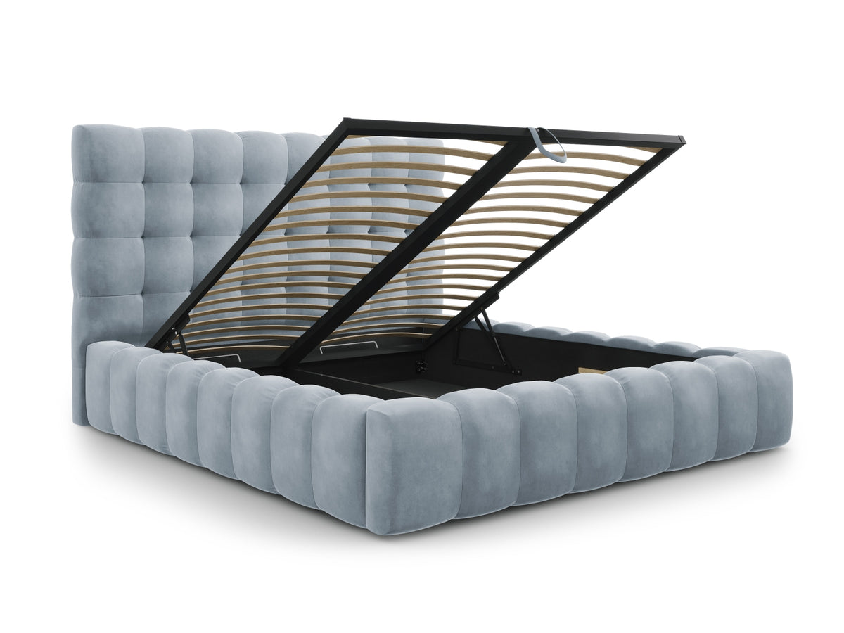 Cosmopolitan Design - Velour Seng m. opbevaring og sengegavl, Bali, 205x230x125 cm - Lyseblå (Bluvel 06) - Sort plast