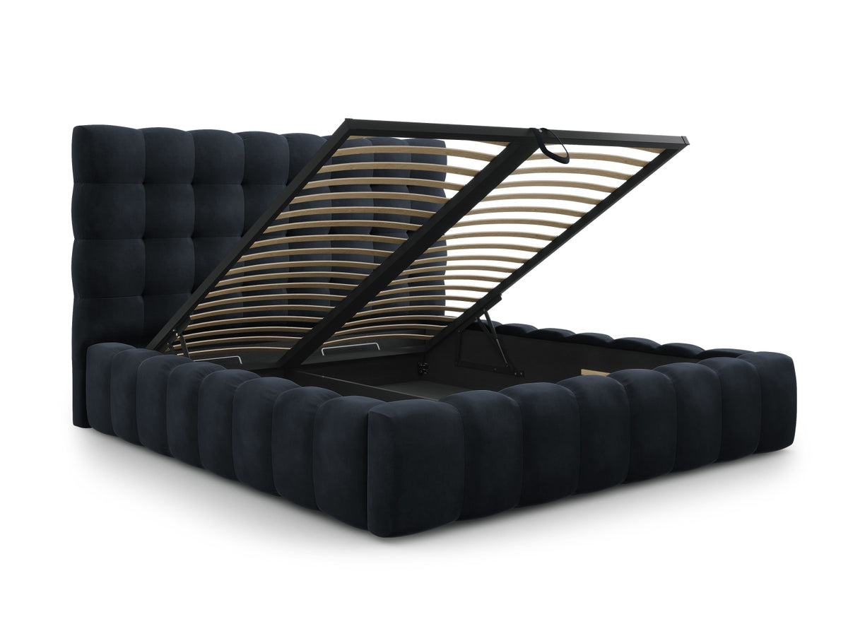 Cosmopolitan Design - Velour Seng m. opbevaring og sengegavl, Bali, 185x230x125 cm - Mørkeblå (Bluvel 89) - Sort plast