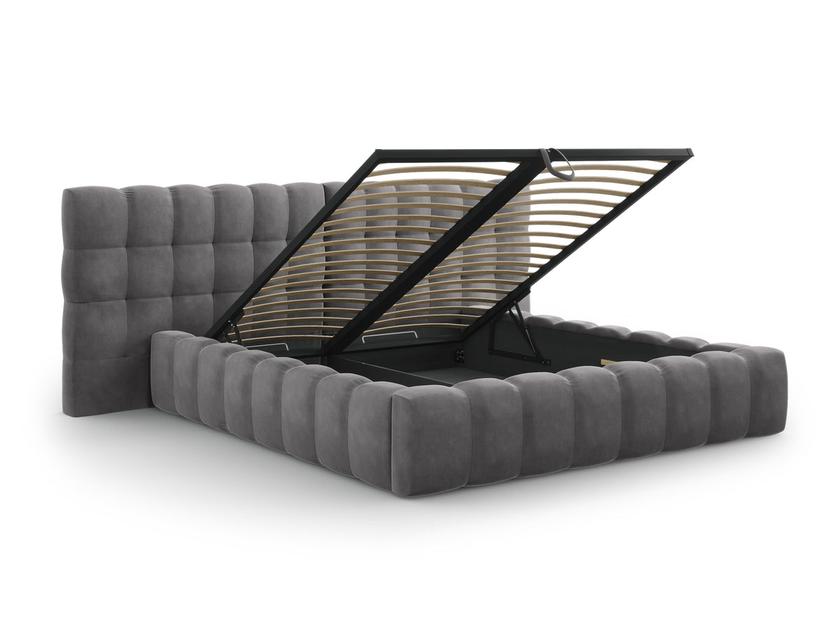 Cosmopolitan Design - Velour Seng m. opbevaring og bred sengegavl, Bali, 250x230x100 cm - Grå (Bluvel 14) - Sort plast