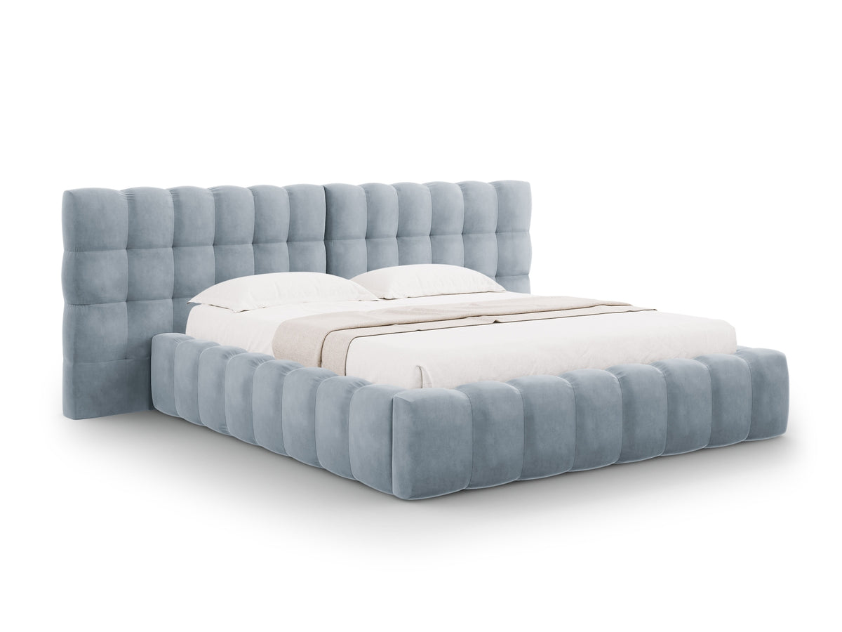 Cosmopolitan Design - Velour Seng m. opbevaring og bred sengegavl, Bali, 250x230x100 cm - Lyseblå (Bluvel 06) - Sort plast