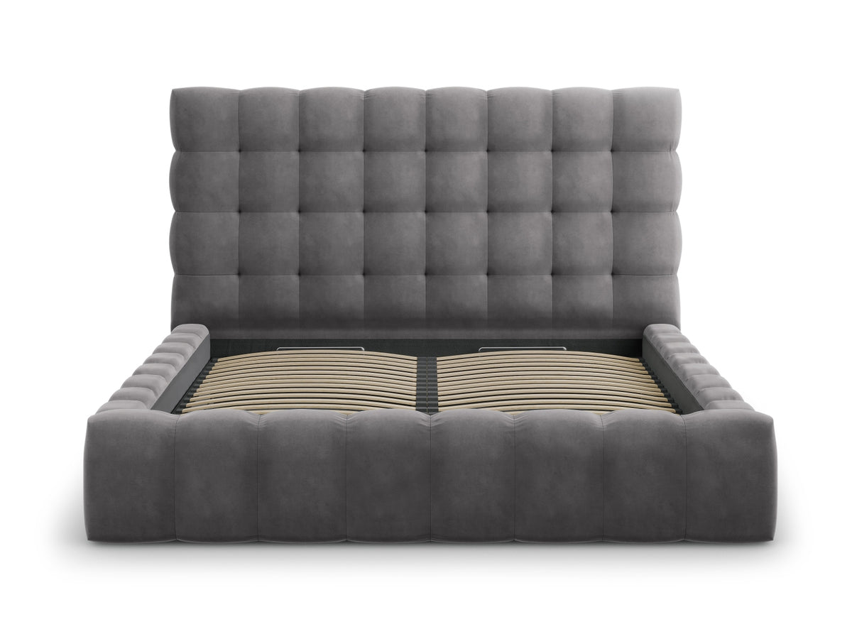 Cosmopolitan Design - Velour Seng m. opbevaring og sengegavl, Bali, 185x230x125 cm - Grå (Bluvel 14) - Sort plast