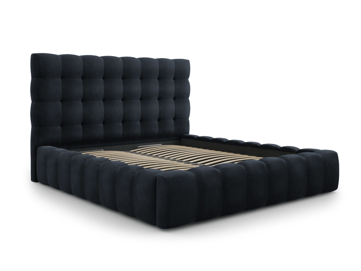 Cosmopolitan Design - Velour Seng m. opbevaring og sengegavl, Bali, 205x230x125 cm - Mørkeblå (Bluvel 89) - Sort plast