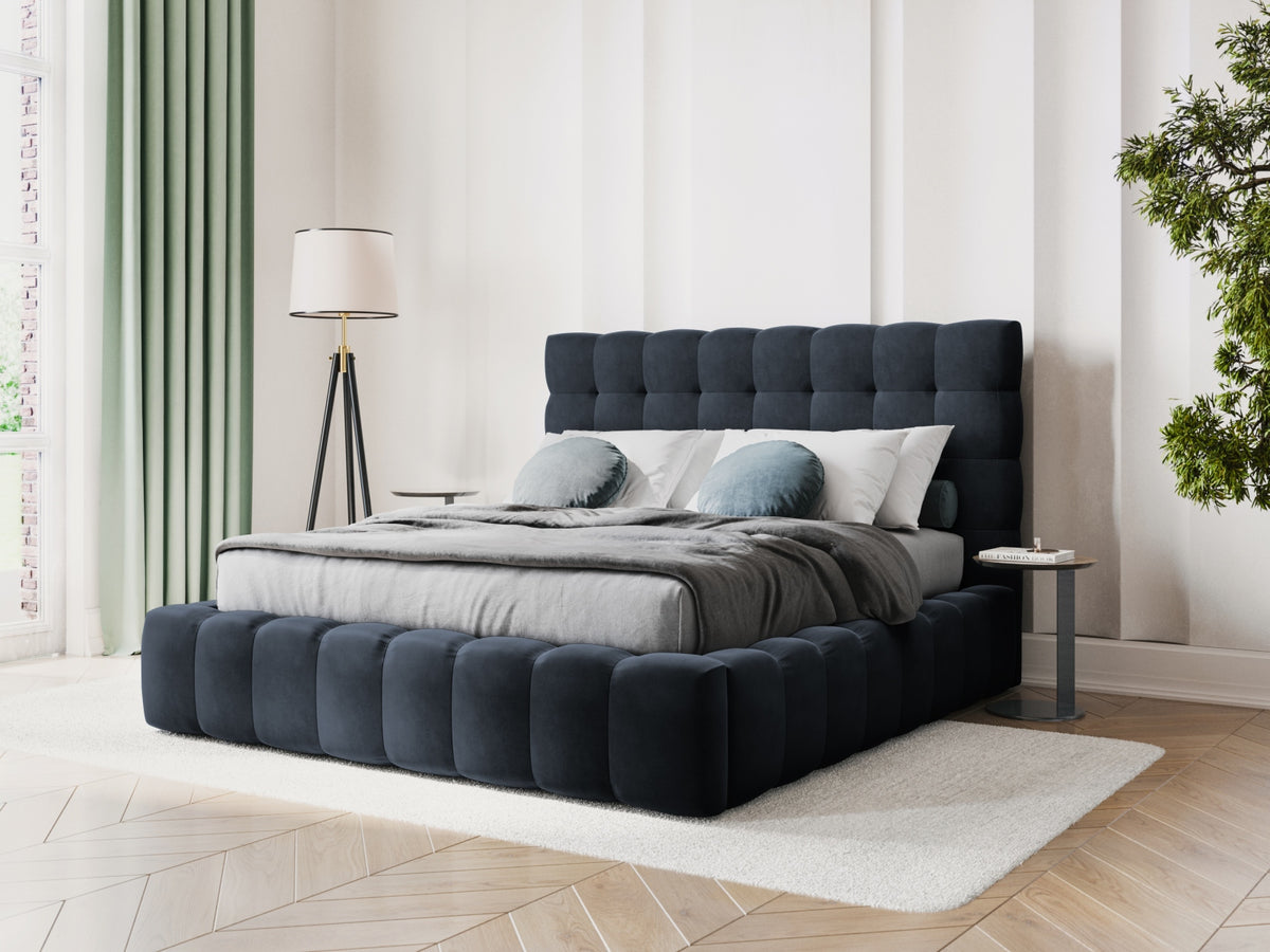 Cosmopolitan Design - Velour Seng m. opbevaring og sengegavl, Bali, 205x230x125 cm - Mørkeblå (Bluvel 89) - Sort plast