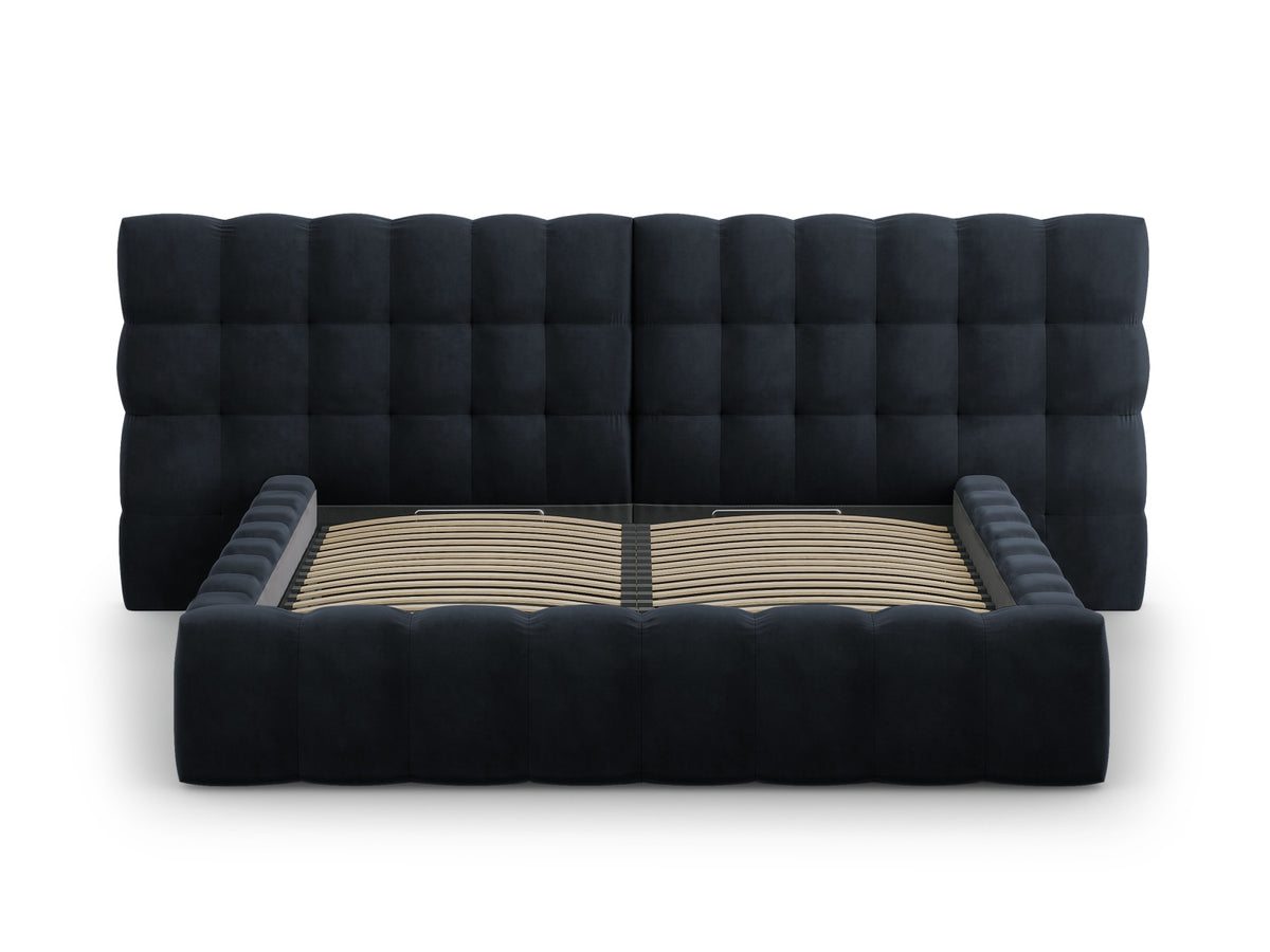 Cosmopolitan Design - Velour Seng m. opbevaring og bred sengegavl, Bali, 200x230x100 cm - Mørkeblå (Bluvel 89) - Sort plast