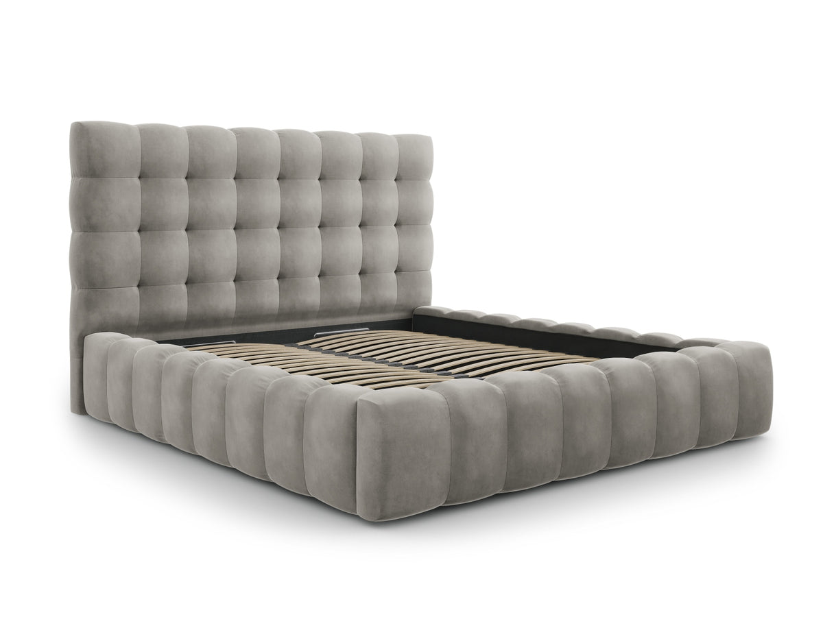 Cosmopolitan Design - Velour Seng m. opbevaring og sengegavl, Bali, 205x230x125 cm - Lysegrå (Bluvel 13) - Sort plast