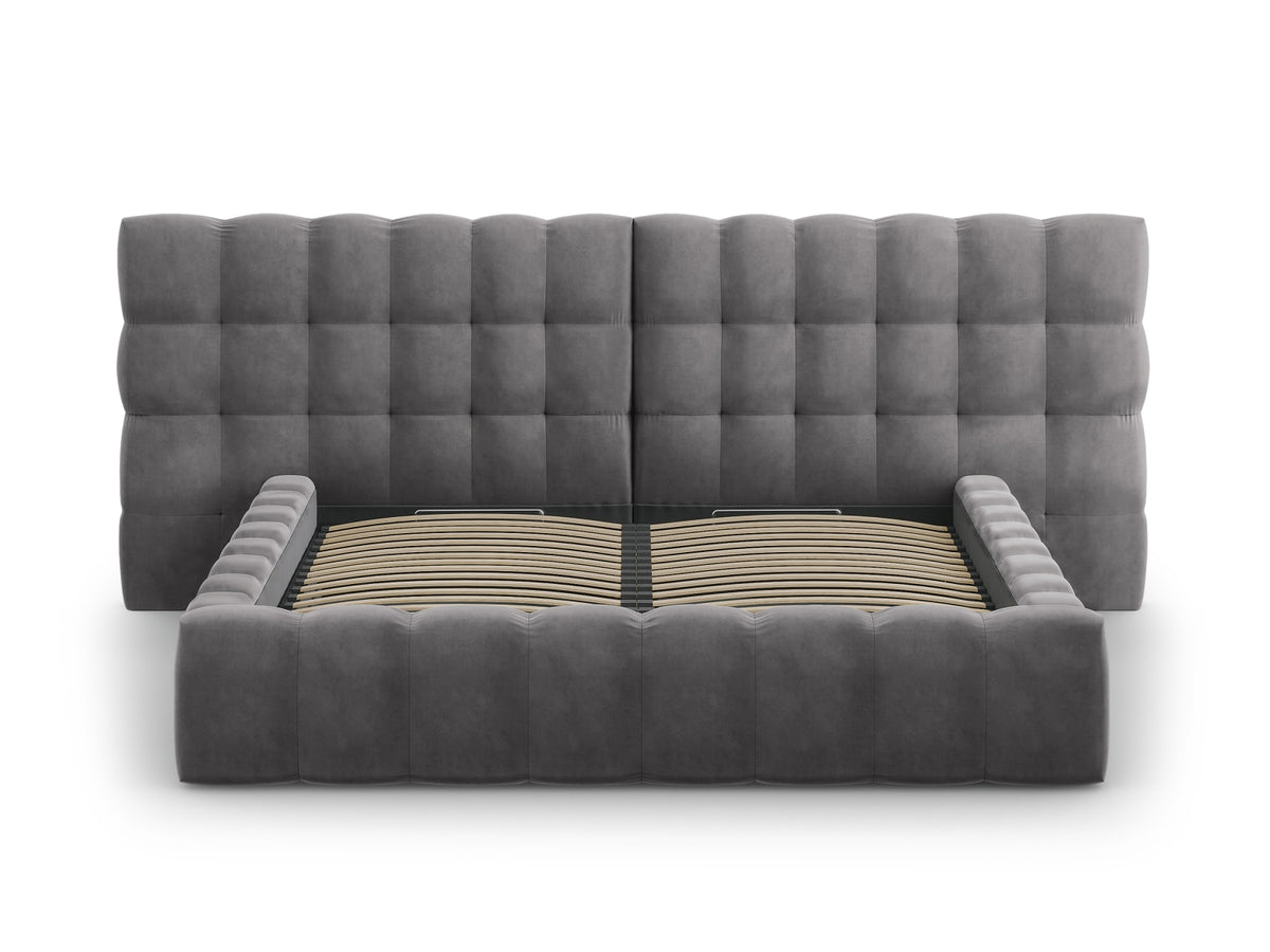 Cosmopolitan Design - Velour Seng m. opbevaring og bred sengegavl, Bali, 200x230x100 cm - Grå (Bluvel 14) - Sort plast