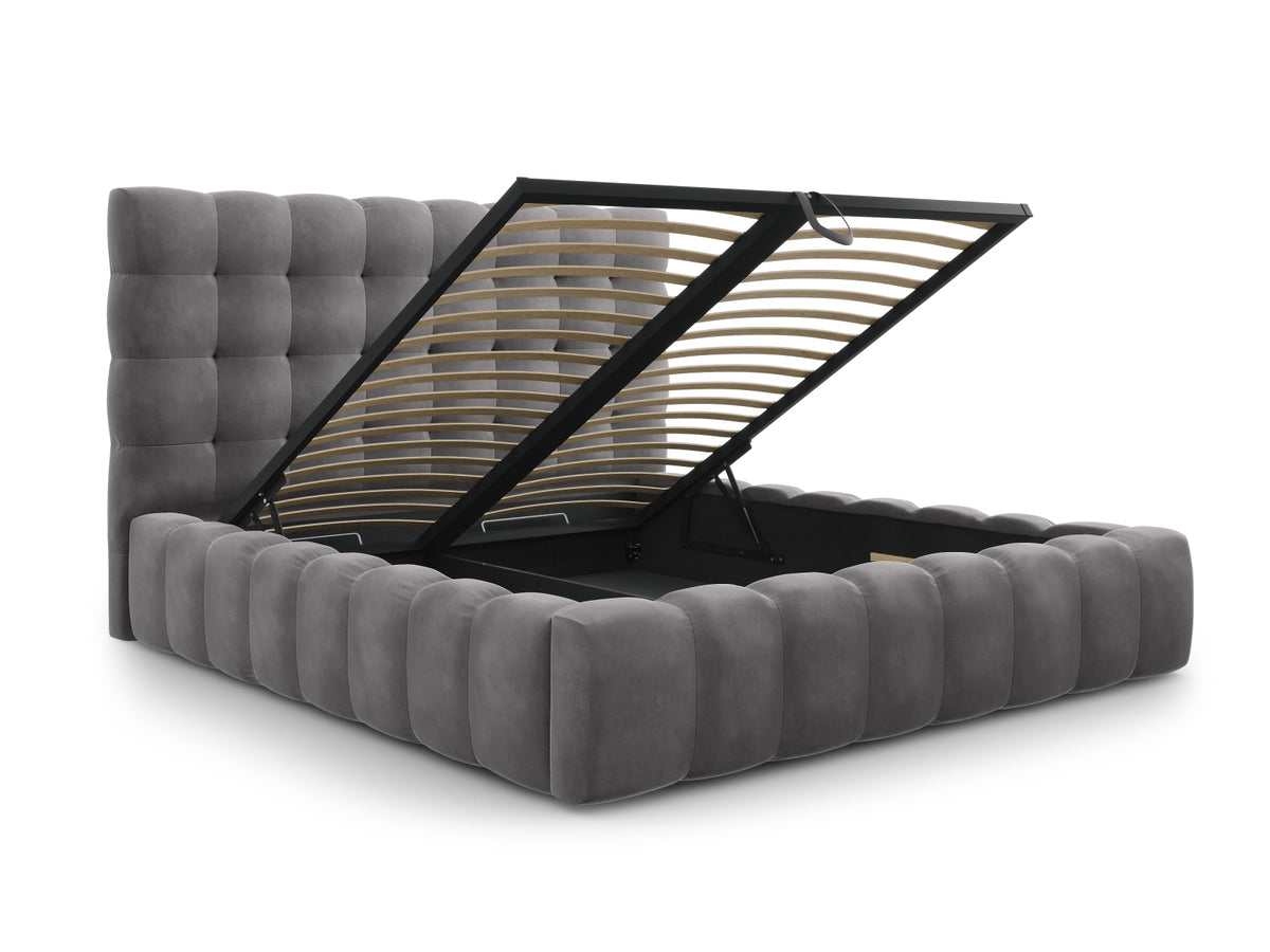 Cosmopolitan Design - Velour Seng m. opbevaring og sengegavl, Bali, 165x230x125 cm - Grå (Bluvel 14) - Sort plast