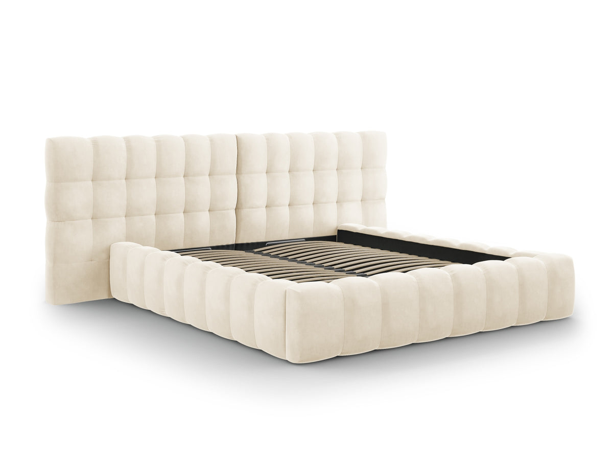 Cosmopolitan Design - Velour Seng m. opbevaring og bred sengegavl, Bali, 200x230x100 cm - Lys Beige (Bluvel 22) - Sort plast