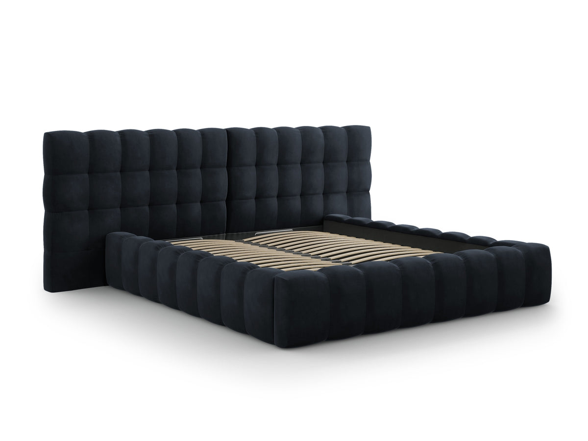 Cosmopolitan Design - Velour Seng m. opbevaring og bred sengegavl, Bali, 200x230x100 cm - Mørkeblå (Bluvel 89) - Sort plast