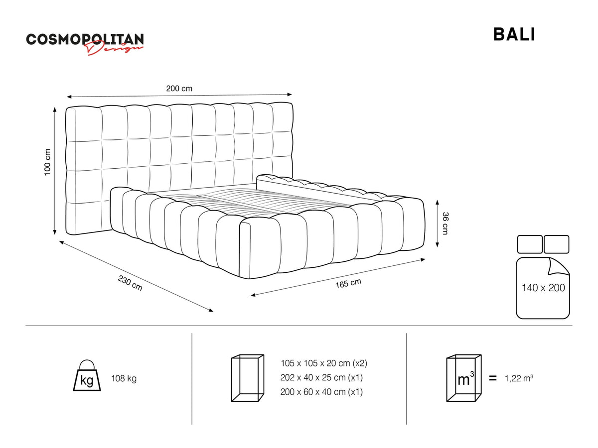 Cosmopolitan Design - Velour Seng m. opbevaring og bred sengegavl, Bali, 200x230x100 cm - Tekniske mål og dimensioner