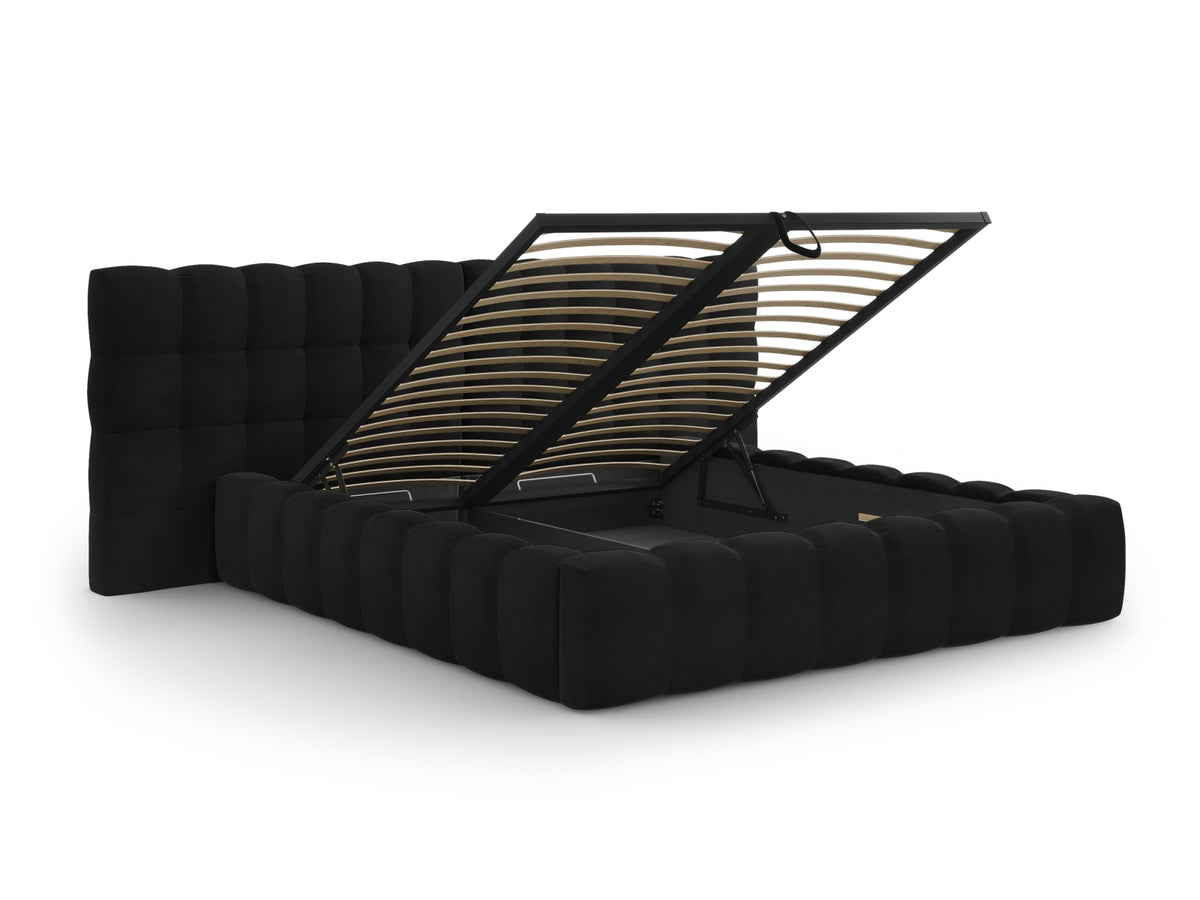 Cosmopolitan Design - Velour Seng m. opbevaring og bred sengegavl, Bali, 250x230x100 cm - Sort (Bluvel 19) - Sort plast