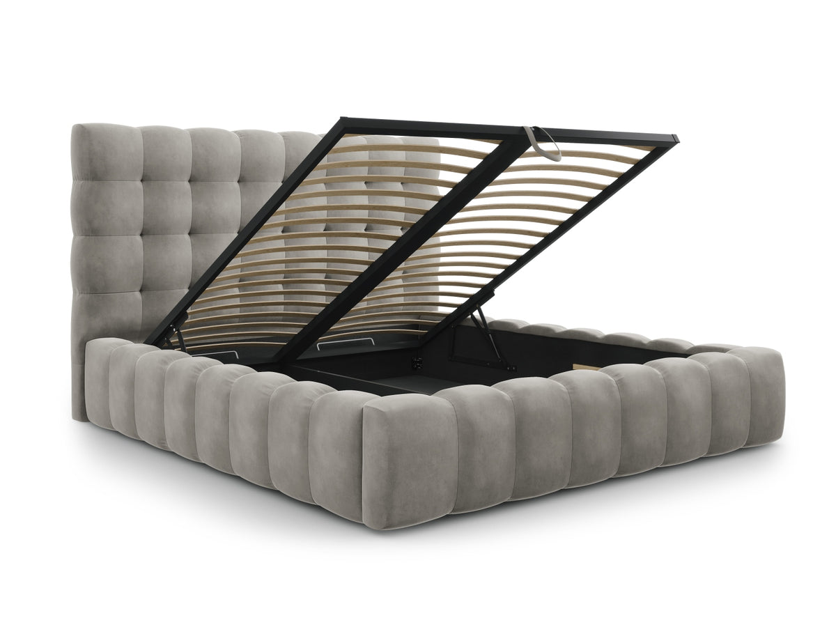 Cosmopolitan Design - Velour Seng m. opbevaring og sengegavl, Bali, 185x230x125 cm - Lysegrå (Bluvel 13) - Sort plast