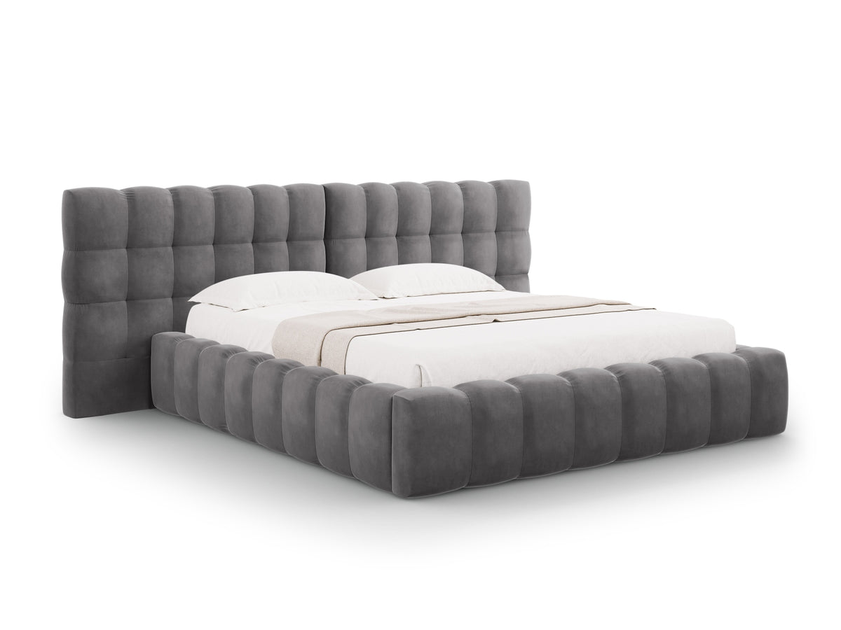 Cosmopolitan Design - Velour Seng m. opbevaring og bred sengegavl, Bali, 200x230x100 cm - Grå (Bluvel 14) - Sort plast