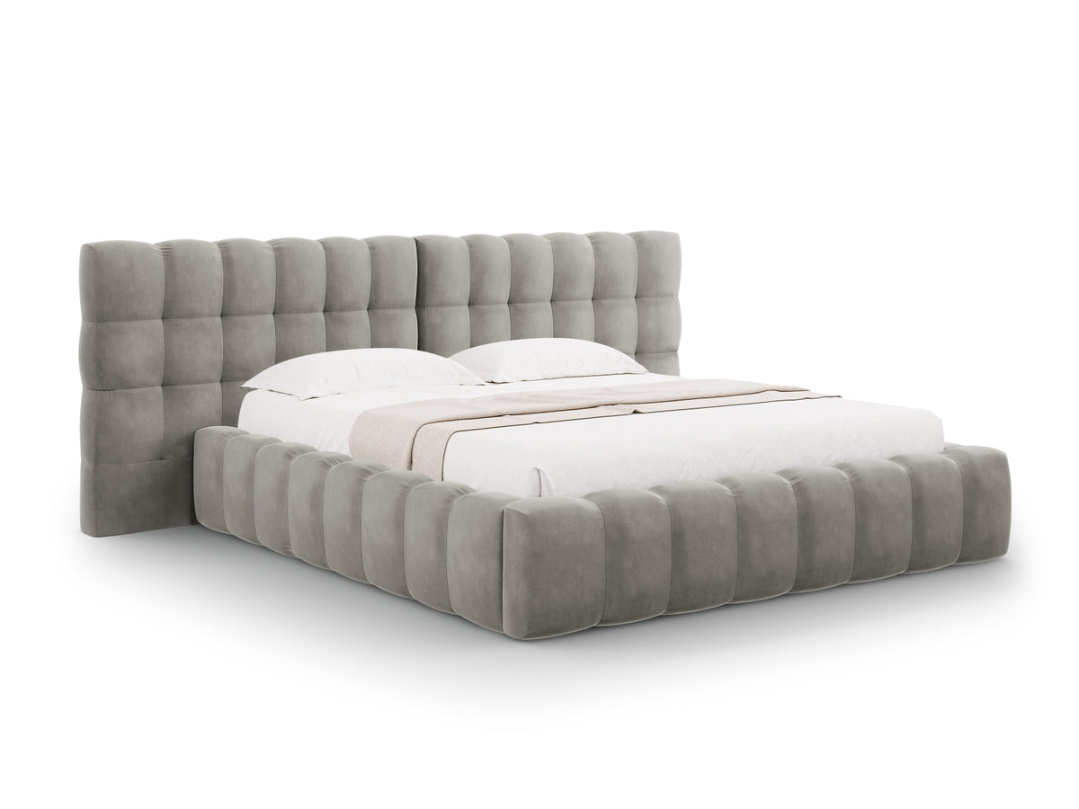 Cosmopolitan Design - Velour Seng m. opbevaring og bred sengegavl, Bali, 200x230x100 cm - Lysegrå (Bluvel 13) - Sort plast