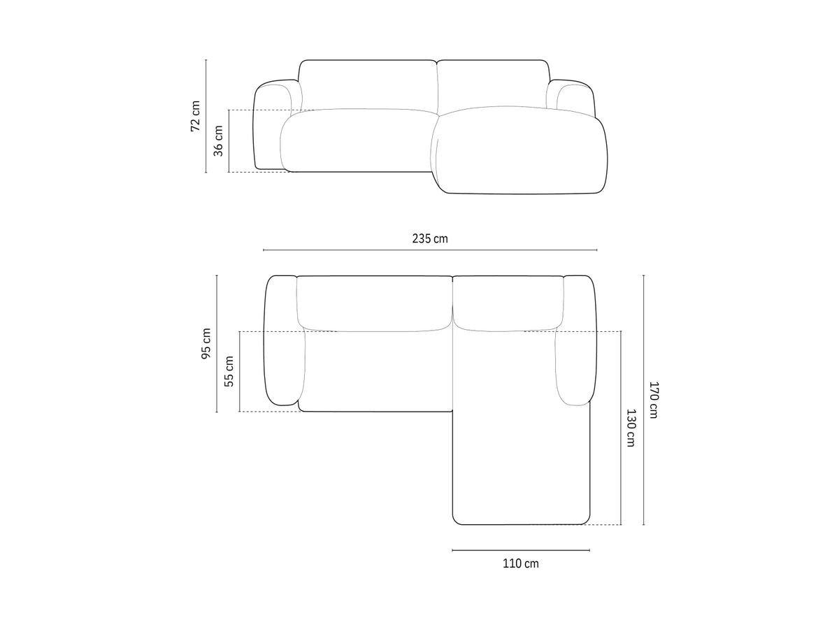 Cosmopolitan Design - Velour Hjørnesofa (højrevendt), Nolio, 4-pers., 235x170x72 cm - Tekniske mål og dimensioner