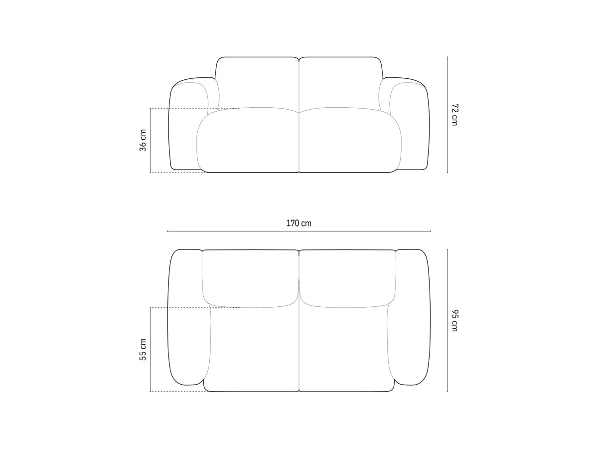 Cosmopolitan Design - Velour Sofa, Nolio, 2-pers., 170x95x72 cm - Tekniske mål og dimensioner