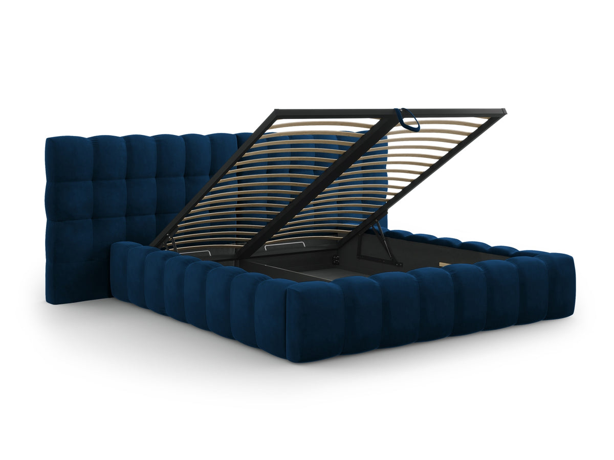 Cosmopolitan Design - Velour Seng m. opbevaring og bred sengegavl, Bali, 250x230x100 cm - Kongeblå (Bluvel 86) - Sort plast