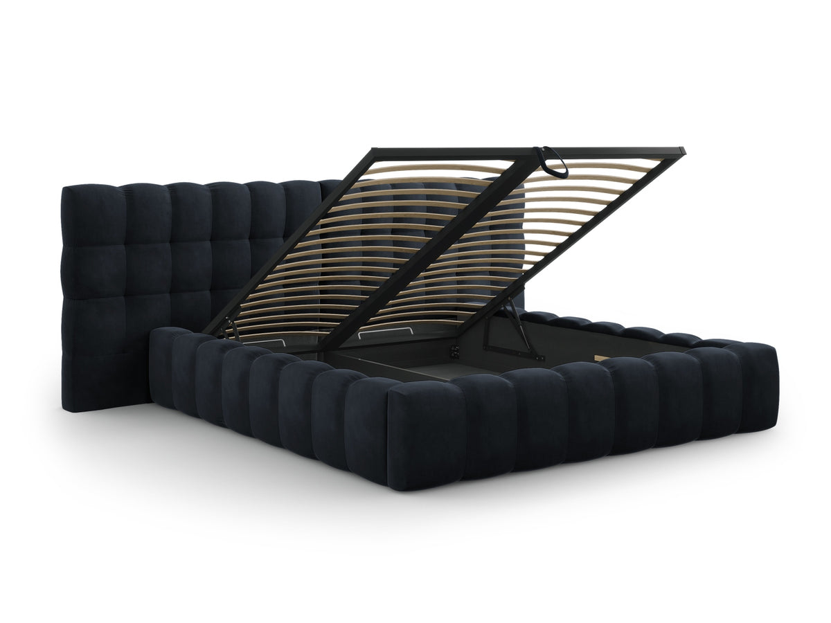 Cosmopolitan Design - Velour Seng m. opbevaring og bred sengegavl, Bali, 200x230x100 cm - Mørkeblå (Bluvel 89) - Sort plast