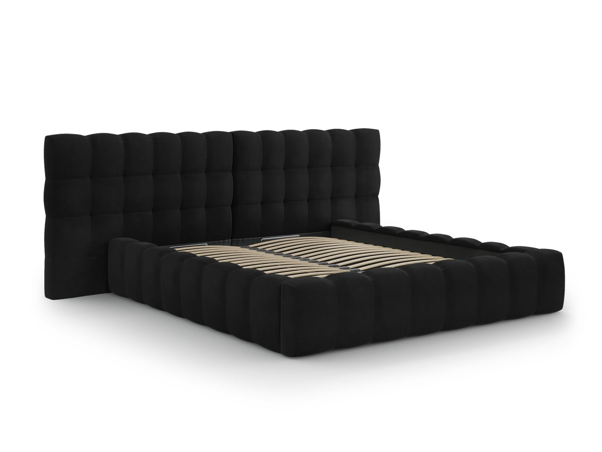 Cosmopolitan Design - Velour Seng m. opbevaring og bred sengegavl, Bali, 200x230x100 cm - Sort (Bluvel 19) - Sort plast