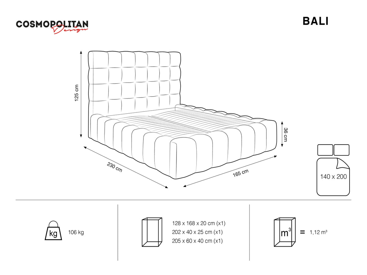 Cosmopolitan Design - Velour Seng m. opbevaring og sengegavl, Bali, 165x230x125 cm - Tekniske mål og dimensioner