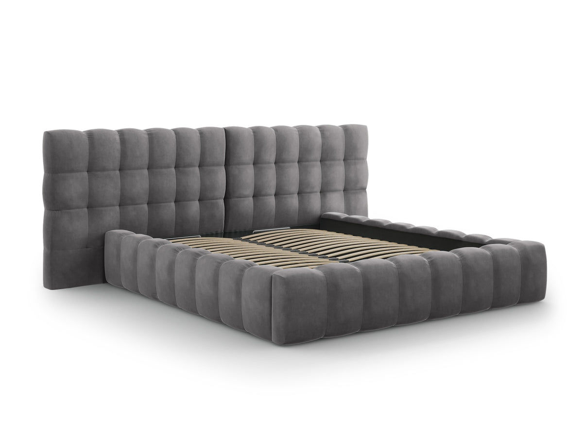 Cosmopolitan Design - Velour Seng m. opbevaring og bred sengegavl, Bali, 200x230x100 cm - Grå (Bluvel 14) - Sort plast