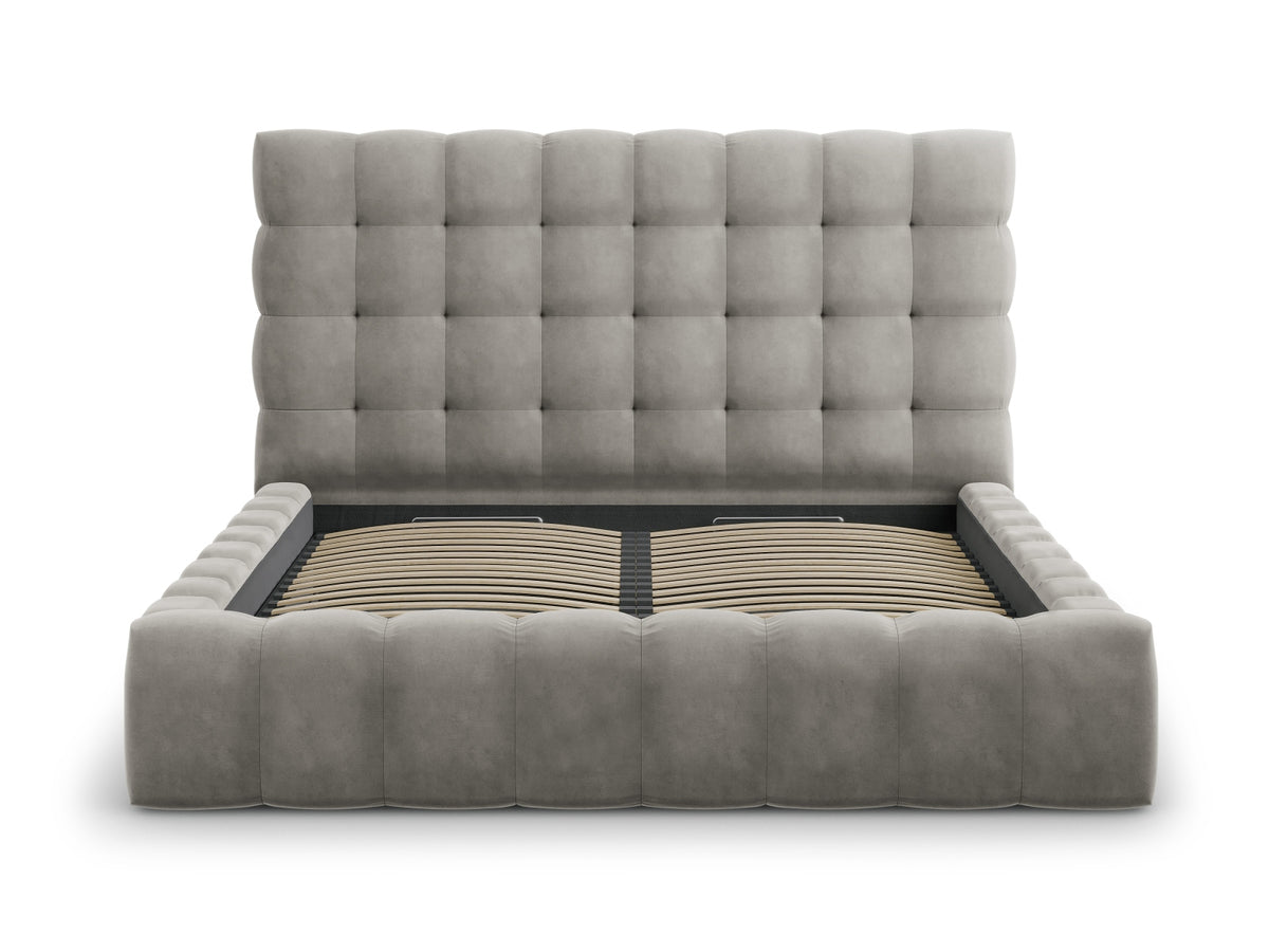 Cosmopolitan Design - Velour Seng m. opbevaring og sengegavl, Bali, 185x230x125 cm - Lysegrå (Bluvel 13) - Sort plast