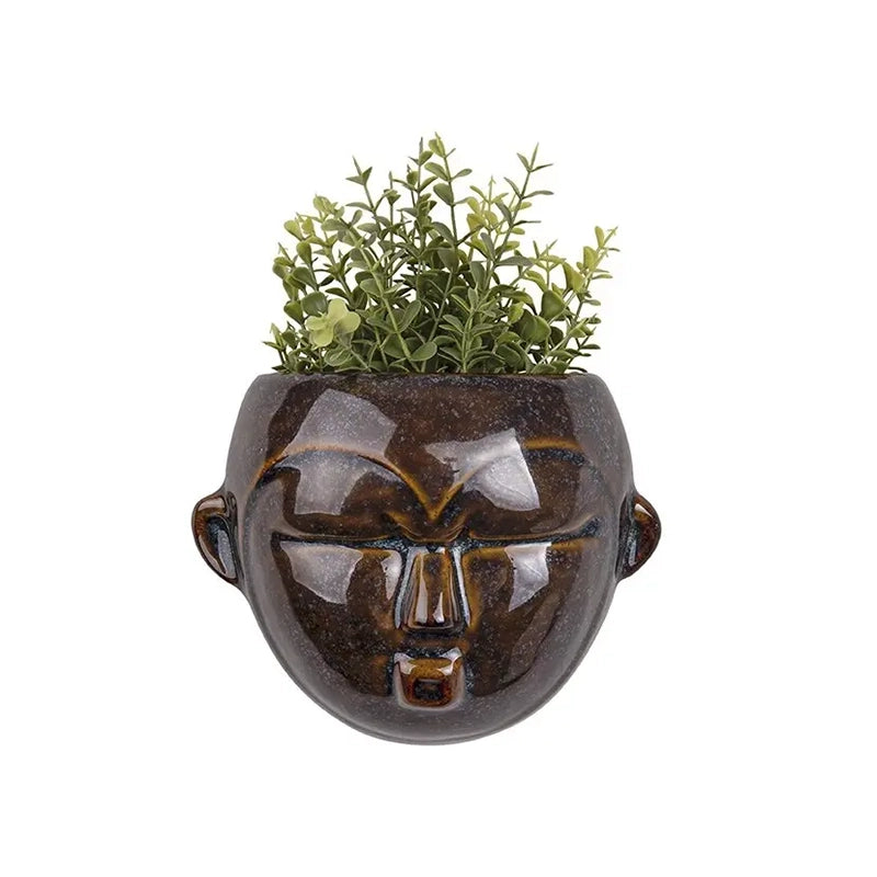 Present Time Mask Round Væghængt Krukke med Ansigt – Mørkebrun (PT3502BR)